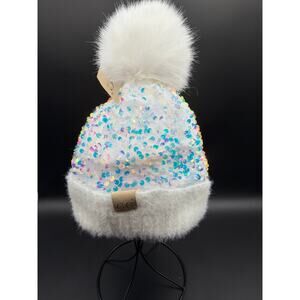 C.C Sequin Beanie Pom Pom Hat Womens White Iridescent NWT Winter